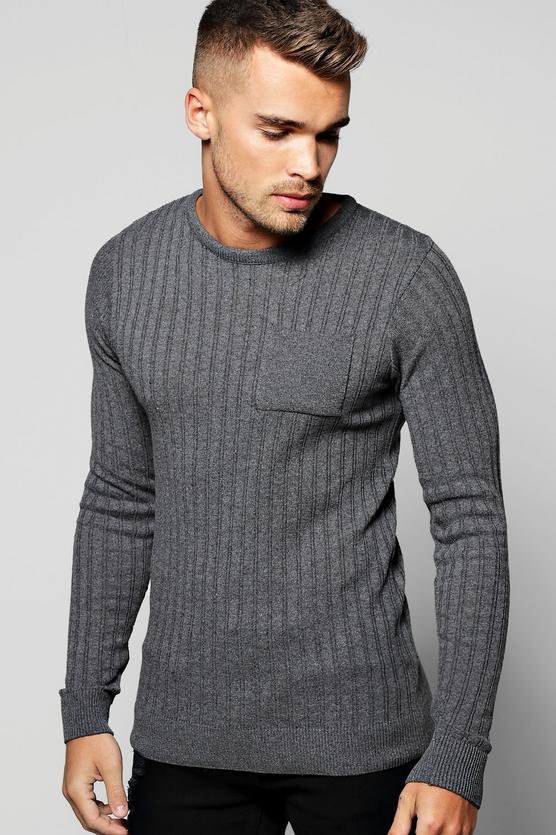 Knitted Crew Neck Jumper with Patch Pocket